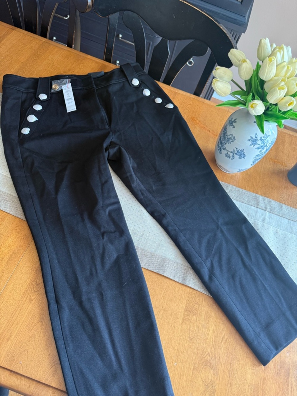 Jolie Black Straight-Leg Pants with White Button Accents